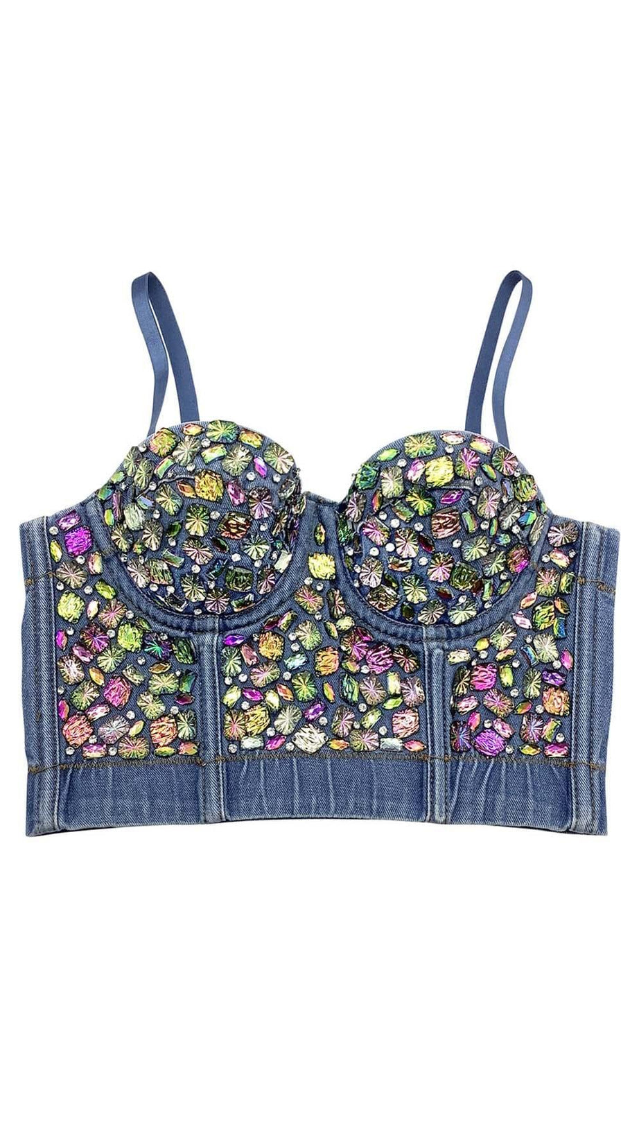 DENIM CRYSTAL EMBELLISHED CROPPED TOP IN NAVY BLUE