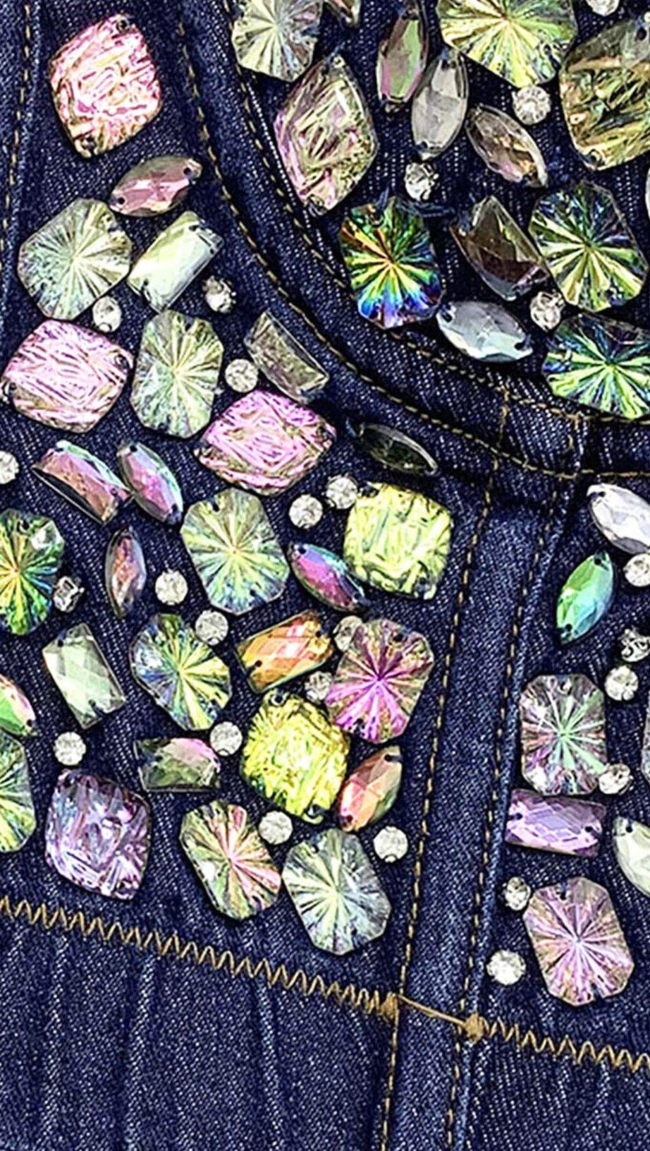 DENIM CRYSTAL EMBELLISHED CROPPED TOP IN NAVY BLUE