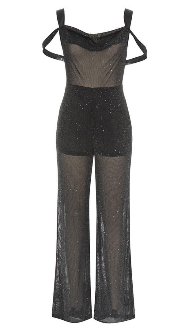 AIIZIE DIAMANTE MESH JUMPSUIT IN BLACK - product image