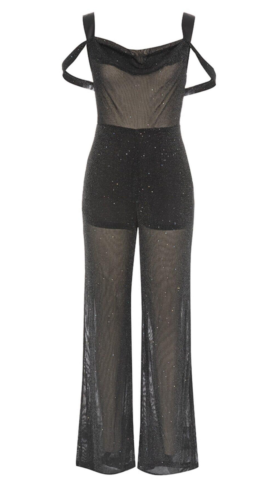 DIAMANTE MESH JUMPSUIT IN BLACK
