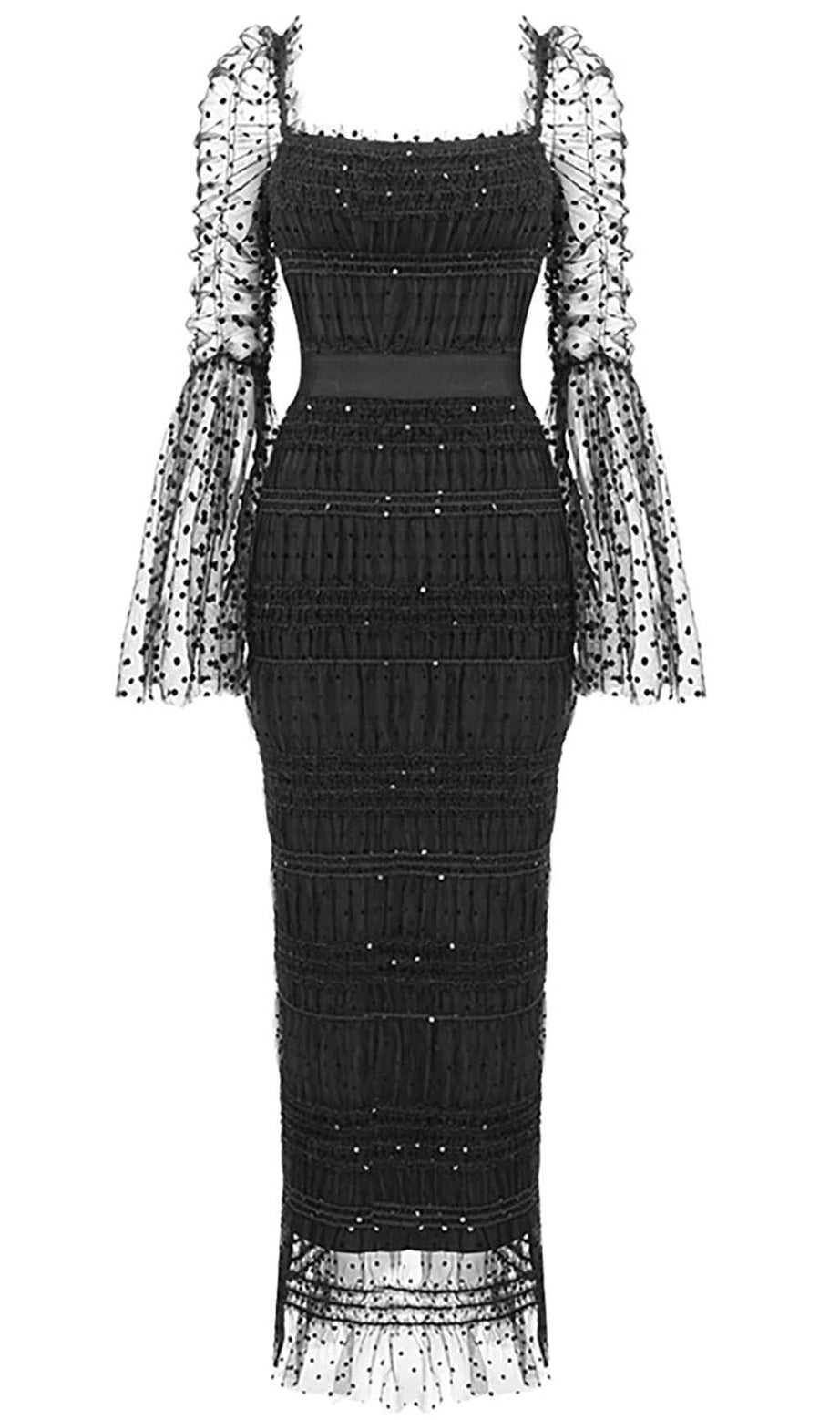 DOT MESH MIDI DRESS IN BLACK