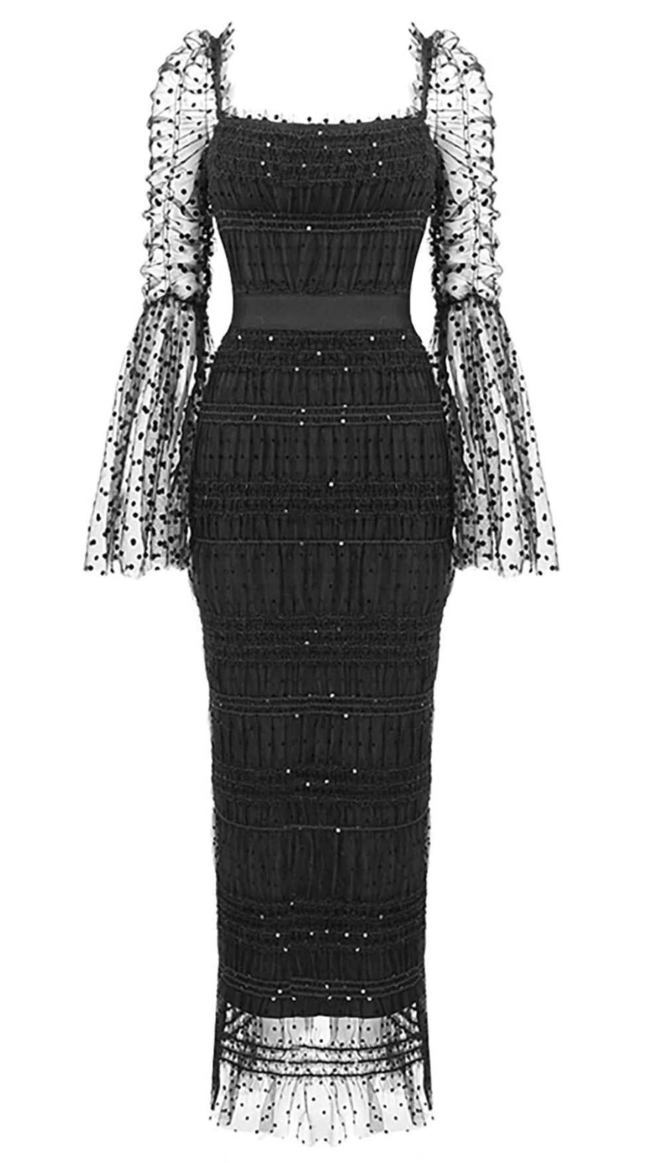 DOT MESH MIDI DRESS IN BLACK