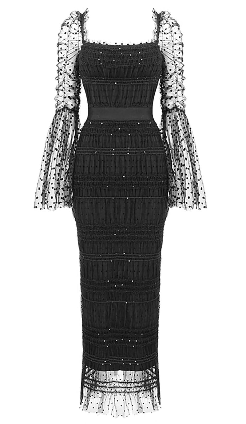 DOT MESH MIDI DRESS IN BLACK