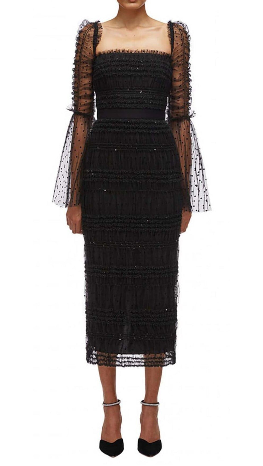 DOT MESH MIDI DRESS IN BLACK