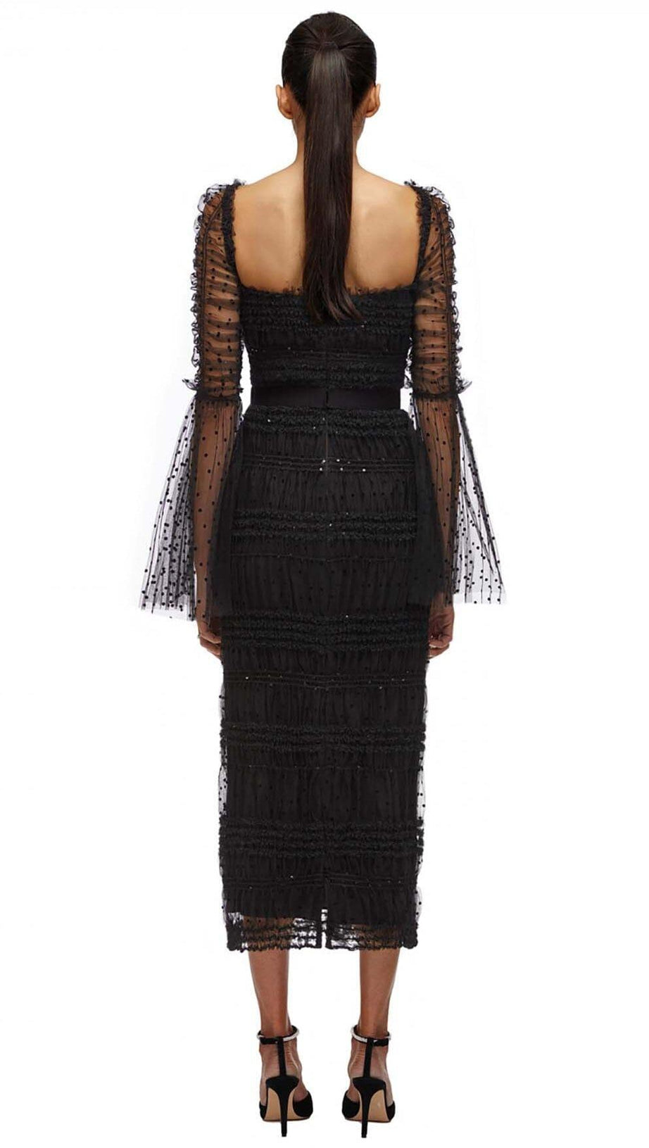DOT MESH MIDI DRESS IN BLACK