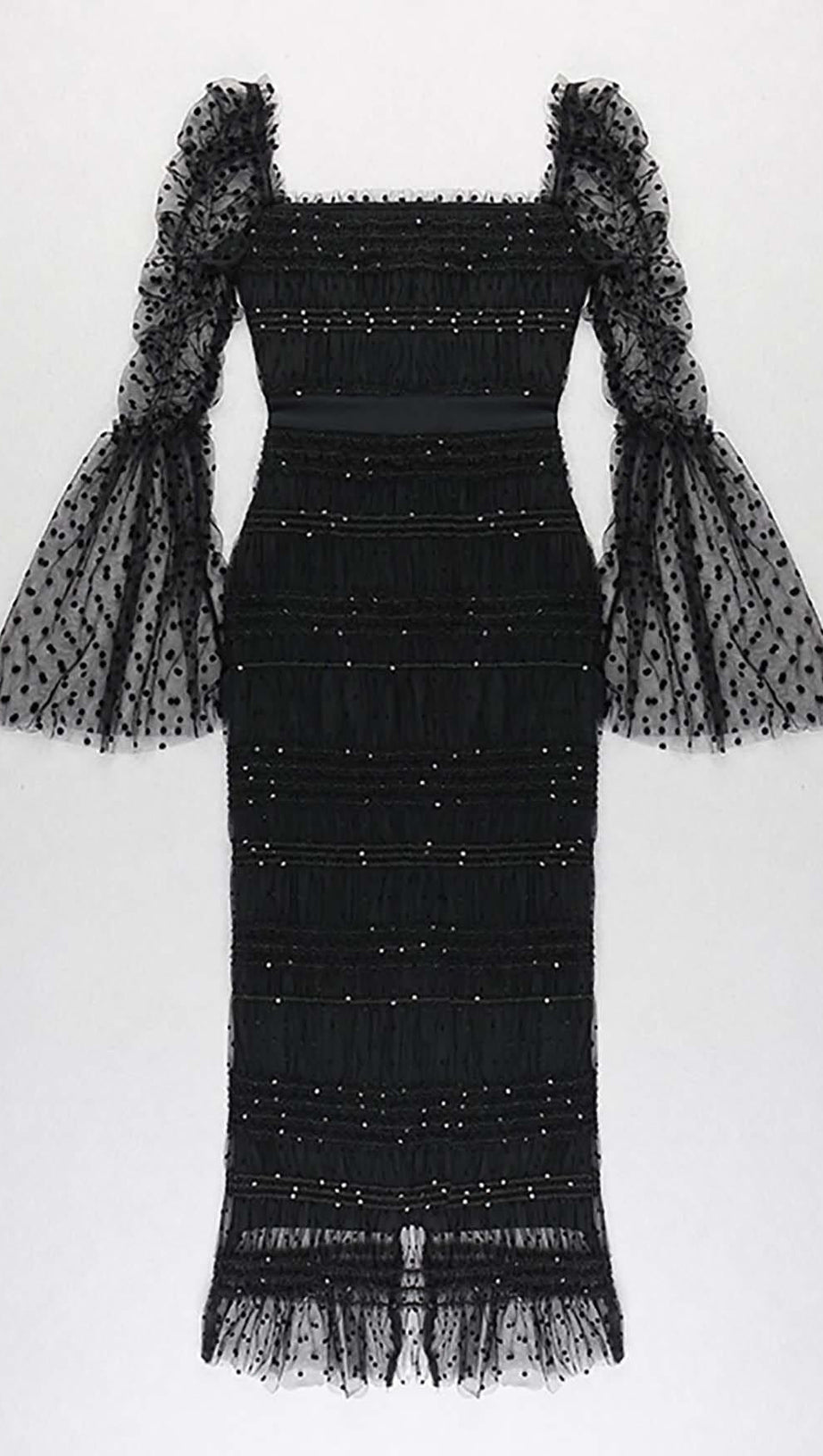 DOT MESH MIDI DRESS IN BLACK