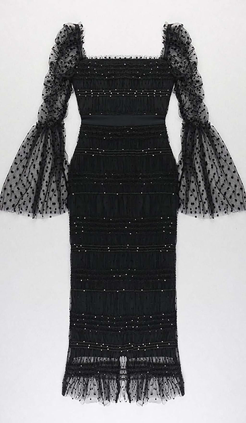 DOT MESH MIDI DRESS IN BLACK