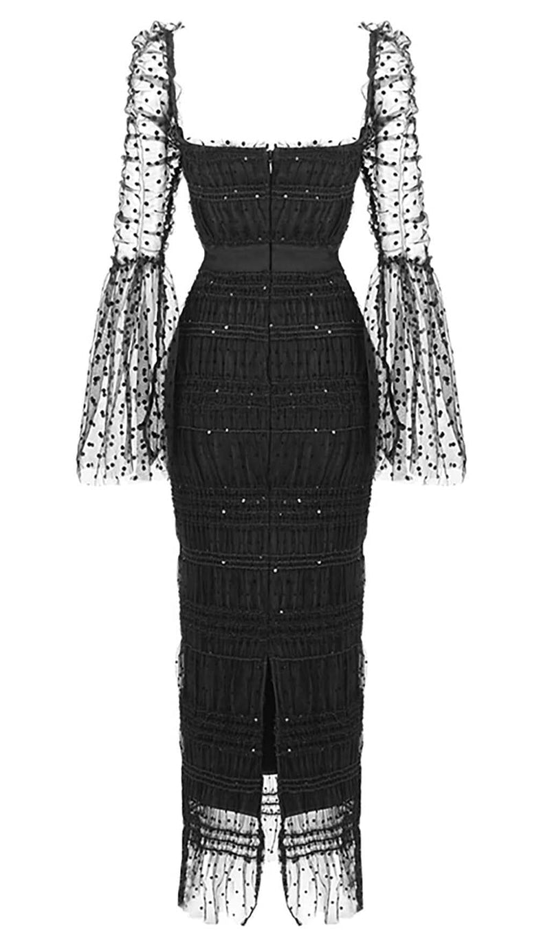 DOT MESH MIDI DRESS IN BLACK