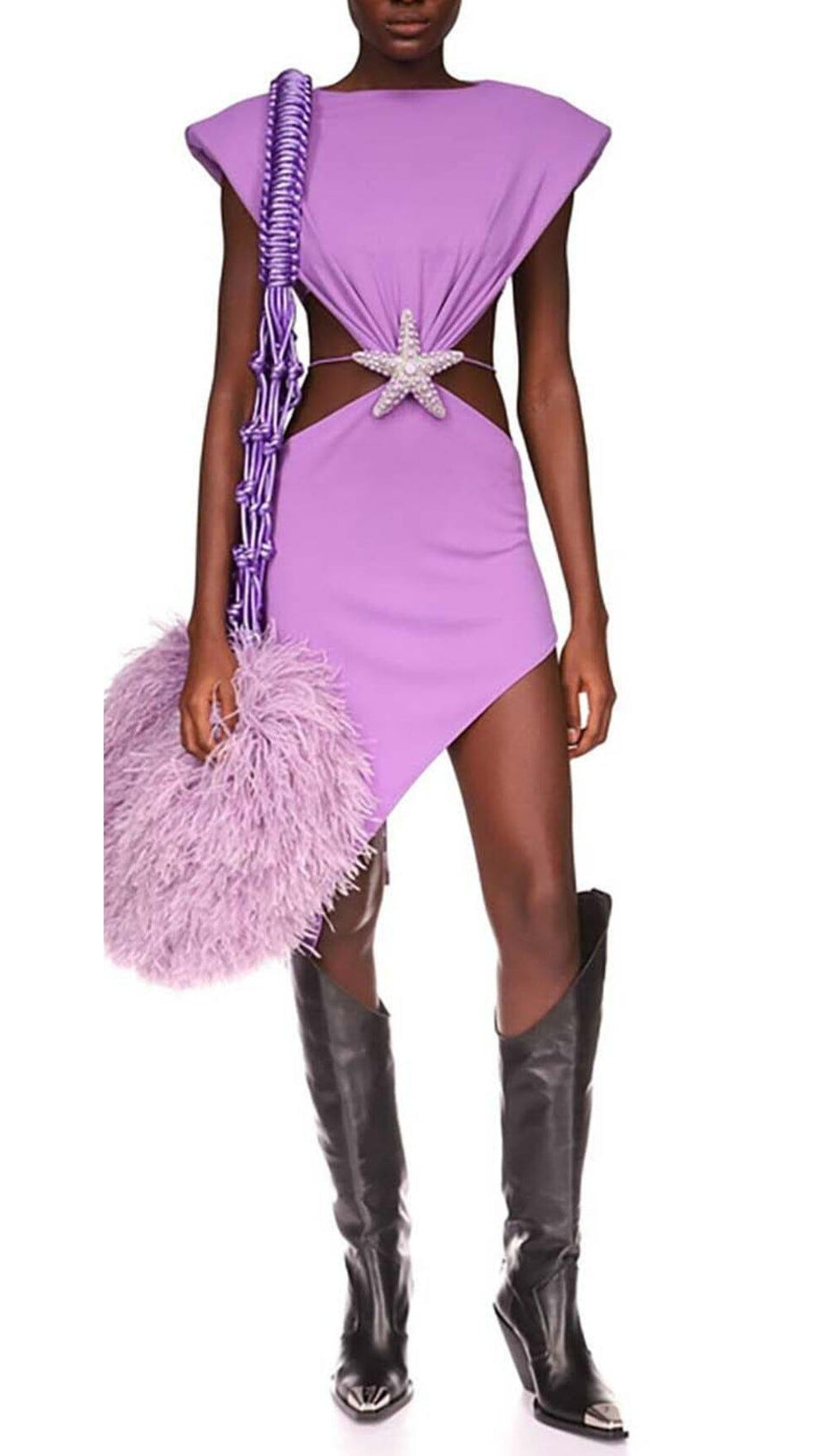 EMBELLISHED CRYSTAL MIDI DRESS IN LAVENDER