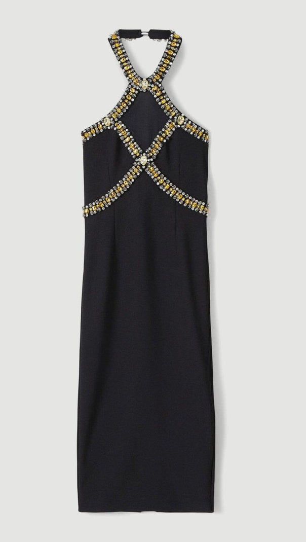 AIIZIE EMBELLISHED HALTER MIDI DRESS IN BLACK - product image