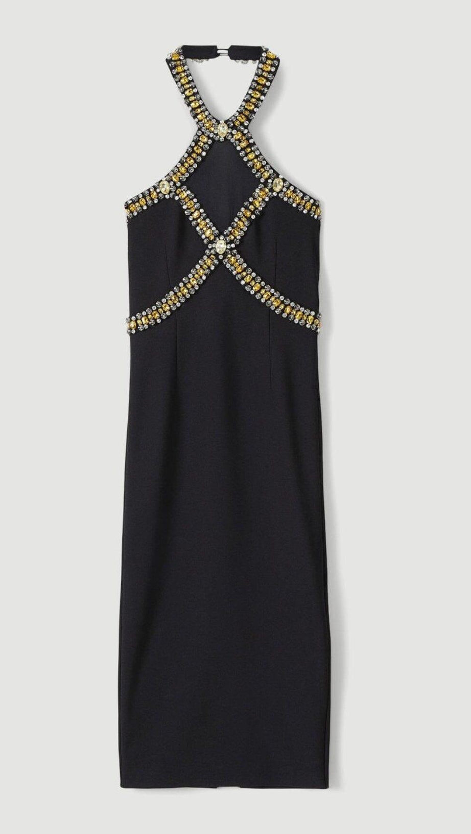 ABITO MIDI CON SCOLLO A V E DECORAZIONI IN NERO