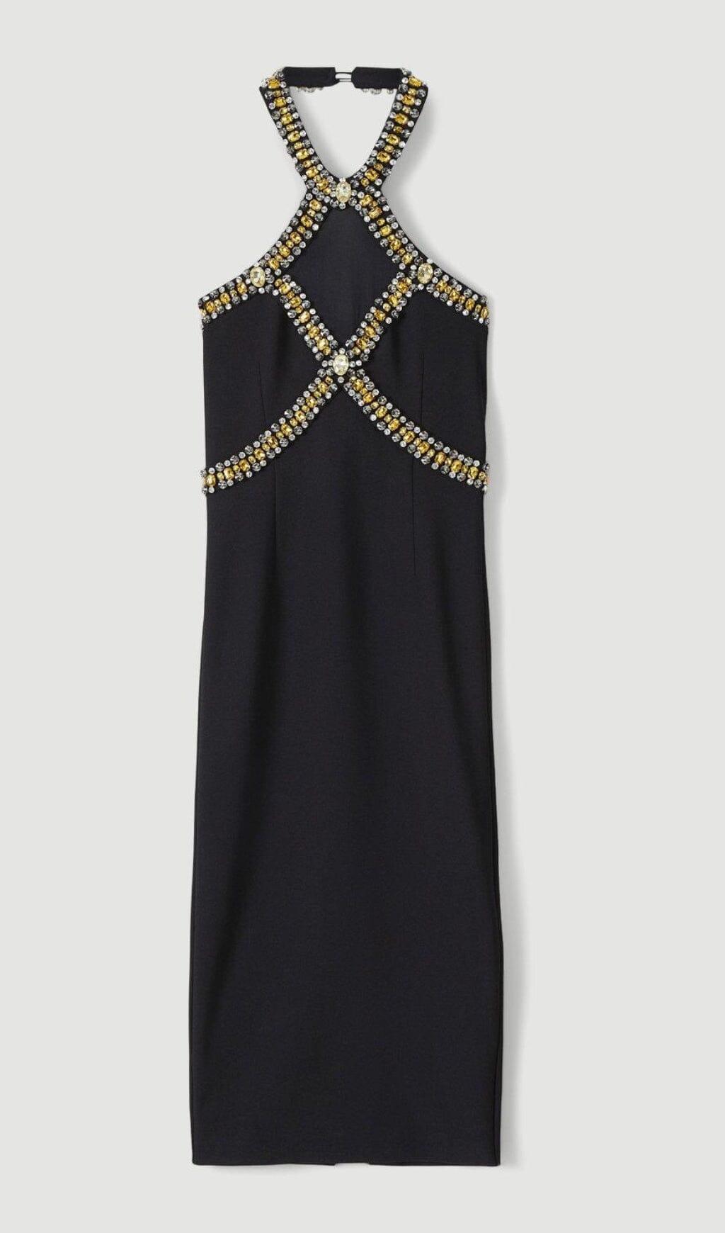 Verziertes Neckholder-Midikleid in Schwarz