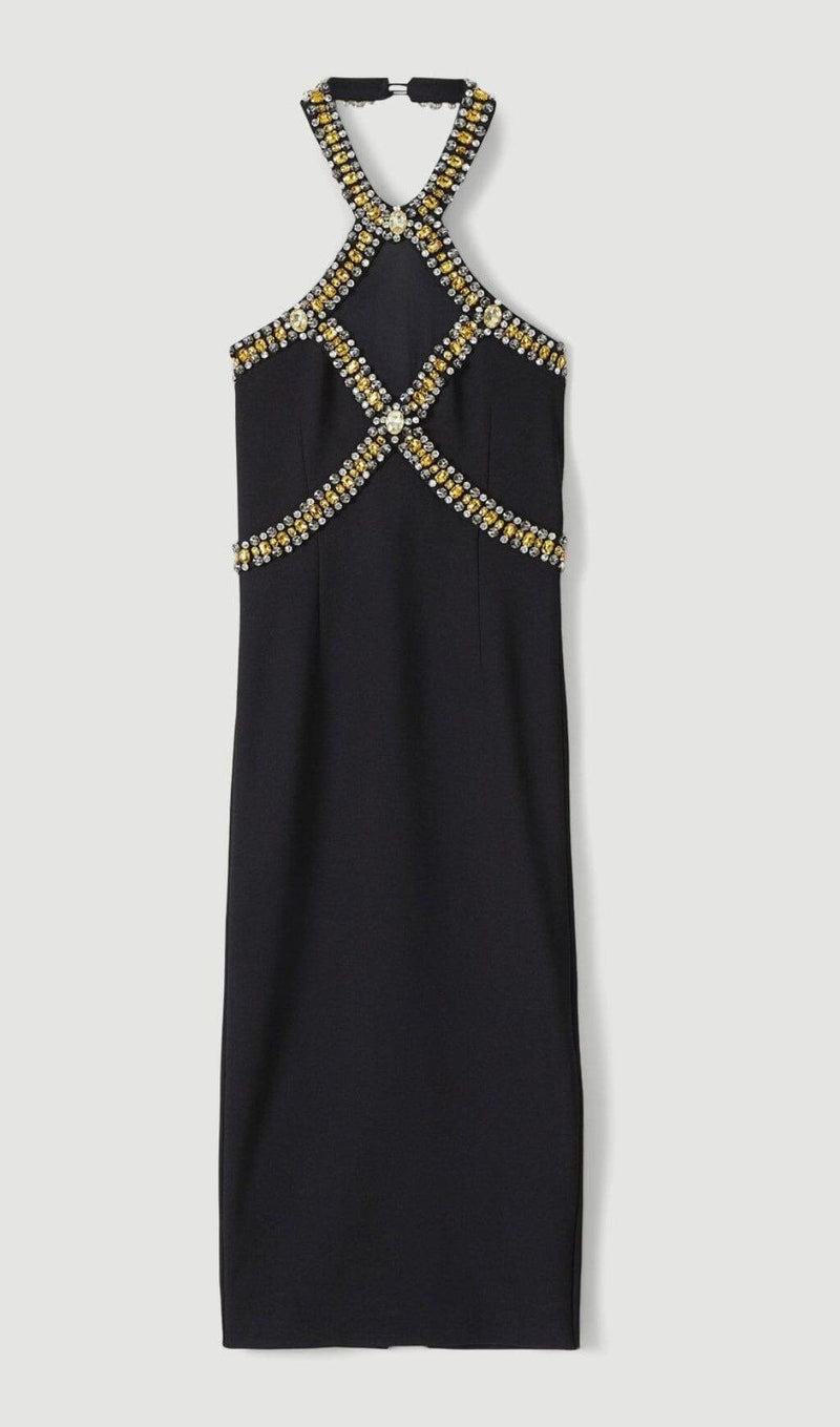 EMBELLISHED HALTER MIDI DRESS IN BLACK