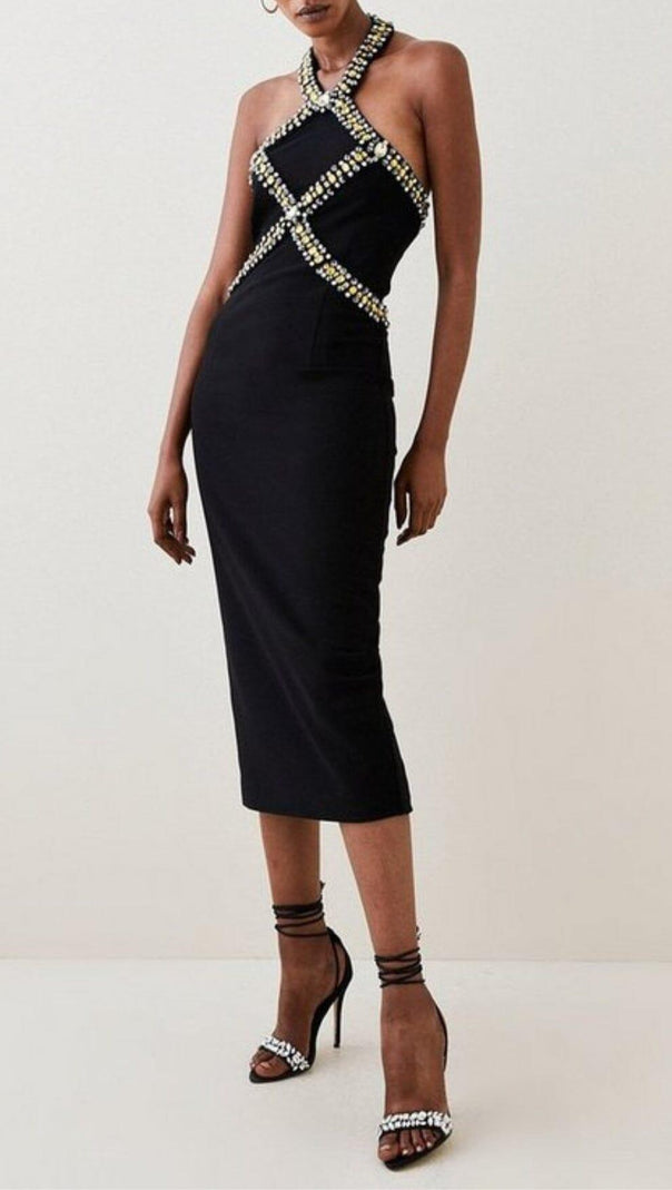 AIIZIE EMBELLISHED HALTER MIDI DRESS IN BLACK - product image