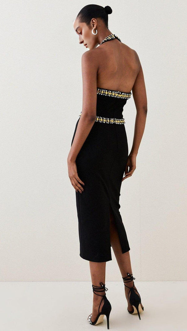 AIIZIE EMBELLISHED HALTER MIDI DRESS IN BLACK - product image