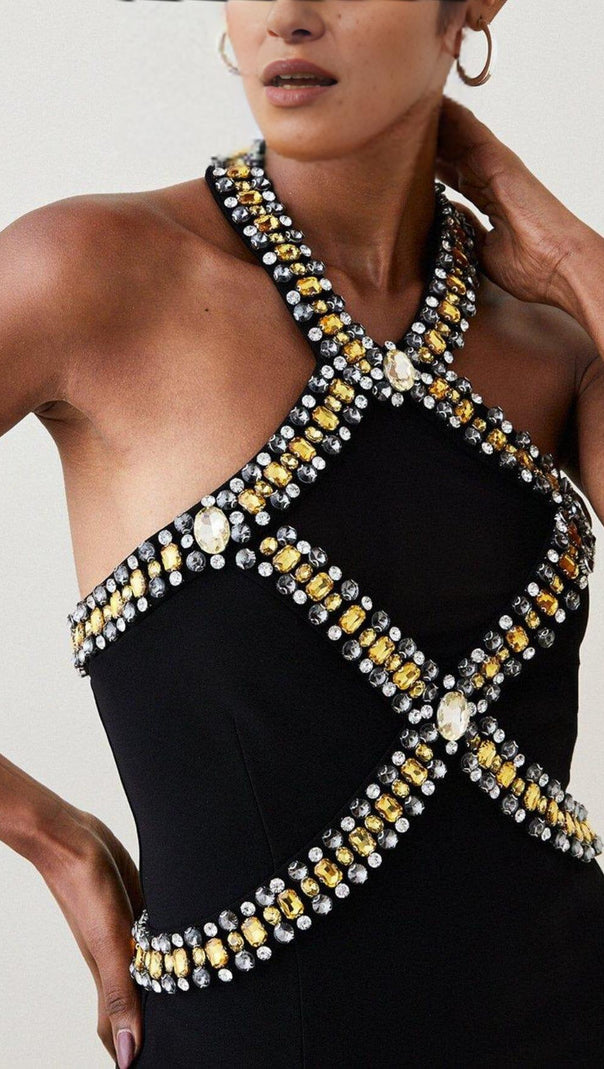 AIIZIE EMBELLISHED HALTER MIDI DRESS IN BLACK - product image