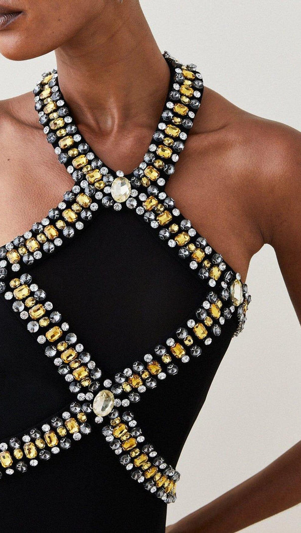 AIIZIE EMBELLISHED HALTER MIDI DRESS IN BLACK - product image