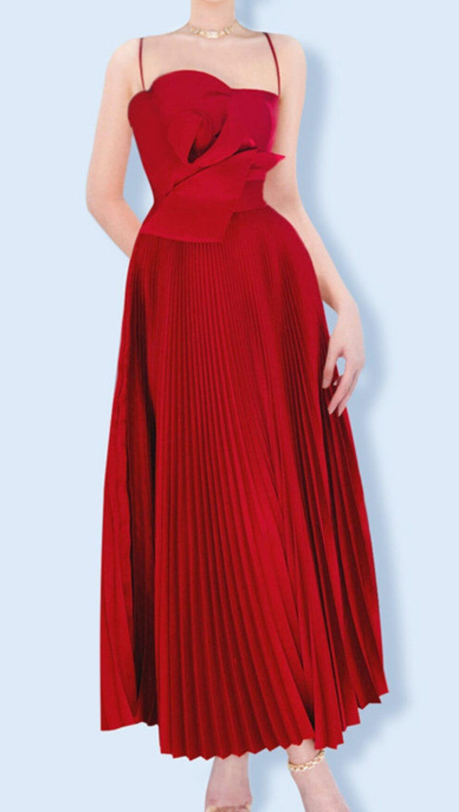 EMBELLISHED PLEATED MIDI DRESS IN WINE