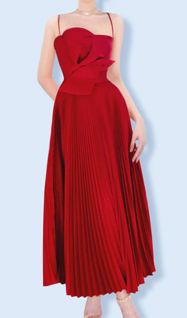 EMBELLISHED PLEATED MIDI DRESS IN WINE