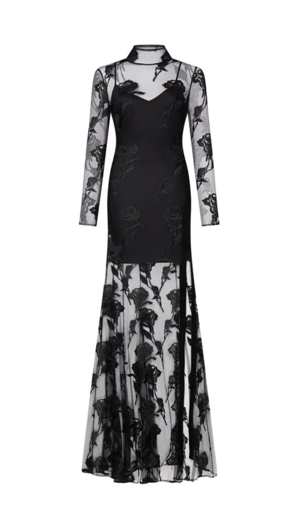 AIIZIE EMBROIDERED MESH FLORAL MAXI DRESS IN BLACK - product image