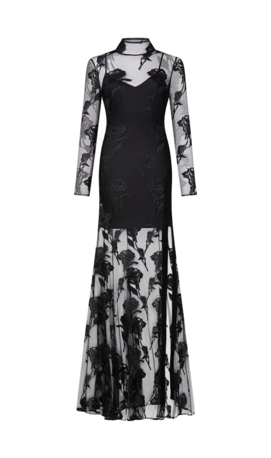 Maxikleid aus besticktem Netzstoff mit Blumenmuster in Schwarz