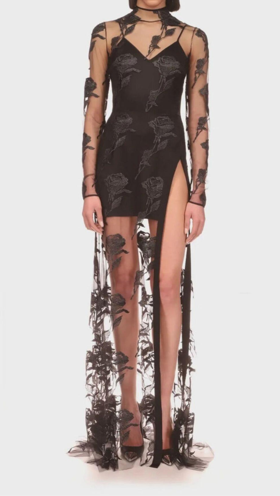 Maxikleid aus besticktem Netzstoff mit Blumenmuster in Schwarz