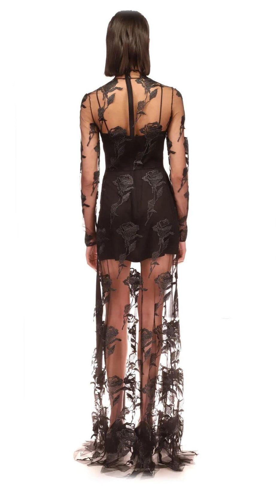 Maxikleid aus besticktem Netzstoff mit Blumenmuster in Schwarz