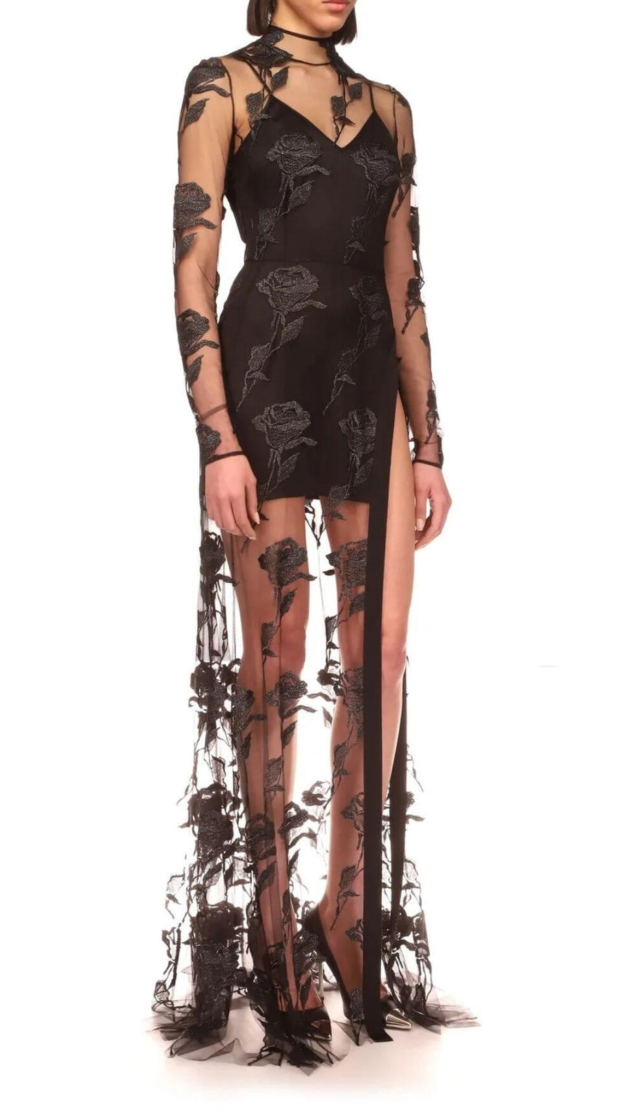 Maxikleid aus besticktem Netzstoff mit Blumenmuster in Schwarz