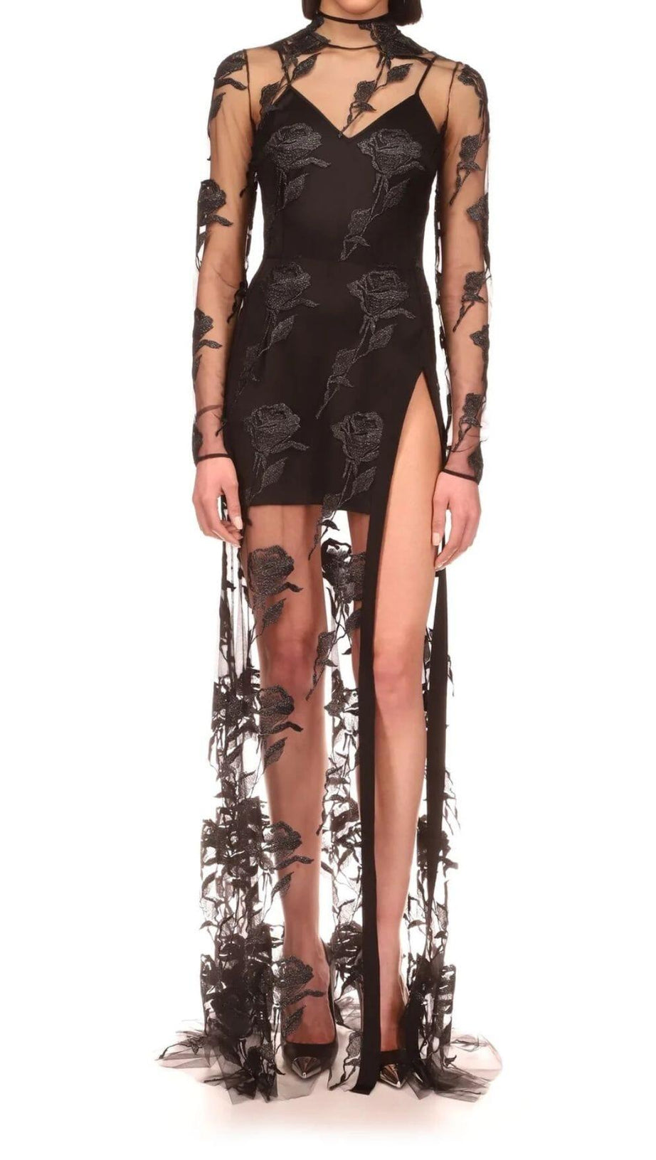 Maxikleid aus besticktem Netzstoff mit Blumenmuster in Schwarz