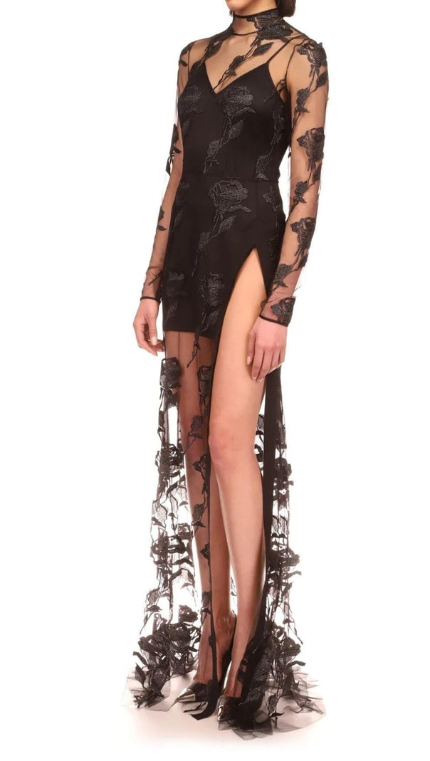 AIIZIE EMBROIDERED MESH FLORAL MAXI DRESS IN BLACK - product image