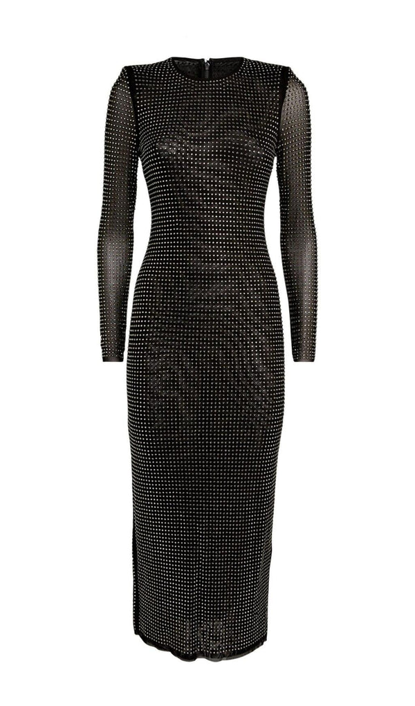 ENBELLISHED MESH MIDI DRESS IN BLACK