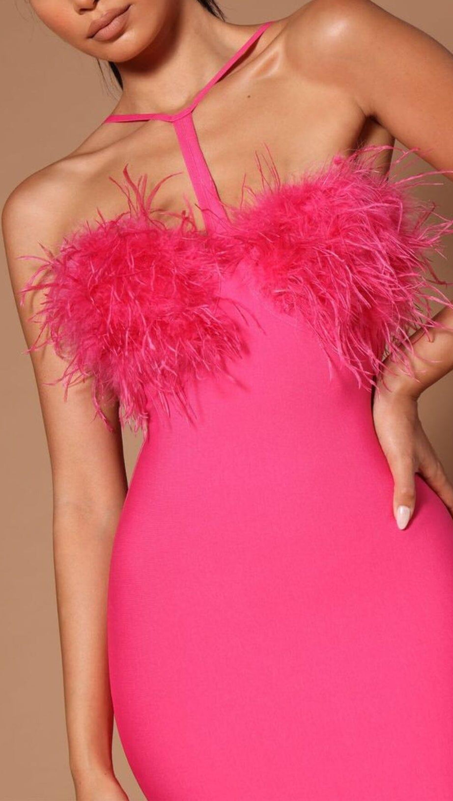 FEATHER HALTER MINI DRESS IN PINK