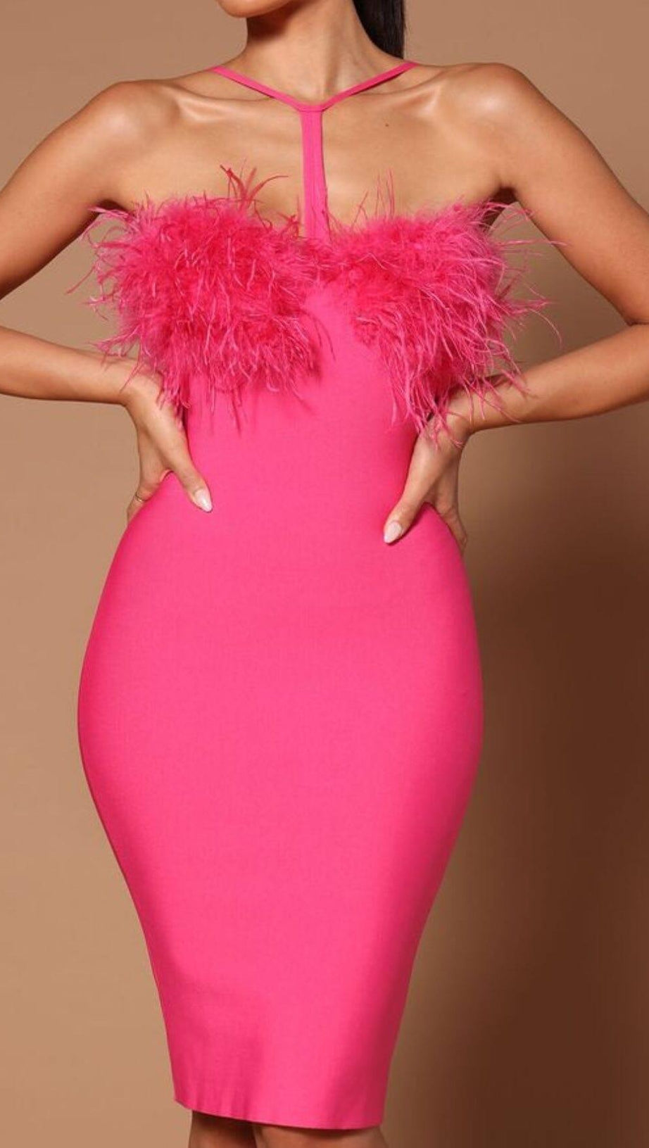 FEATHER HALTER MINI DRESS IN PINK