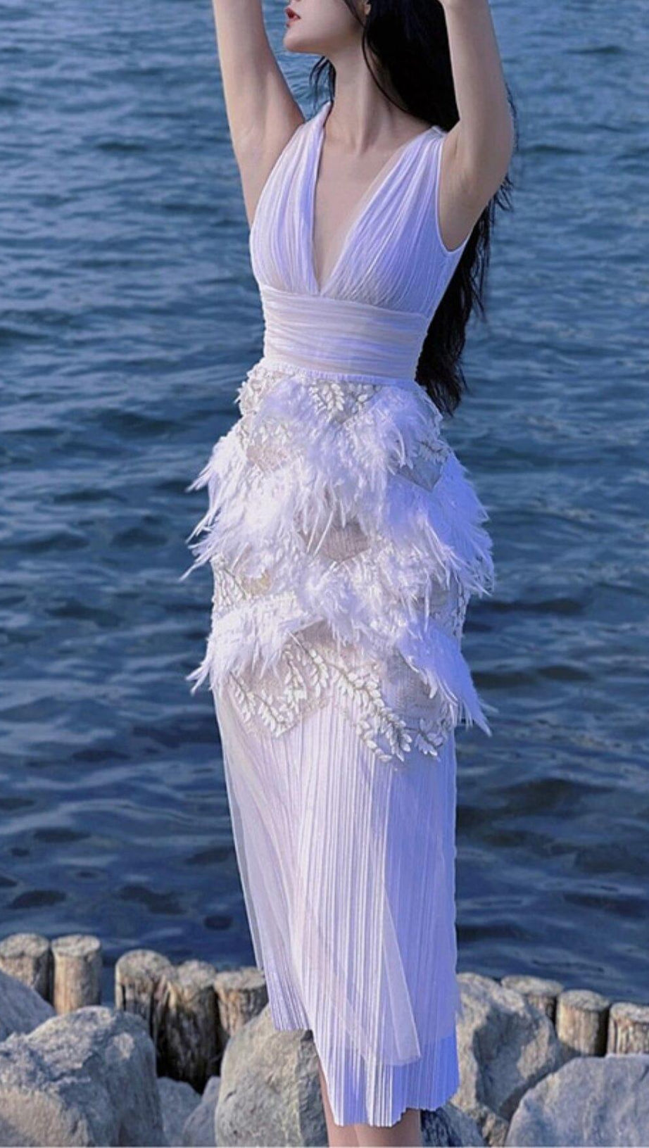 FEATHER PLEATED LACE DRESS IN WHITE