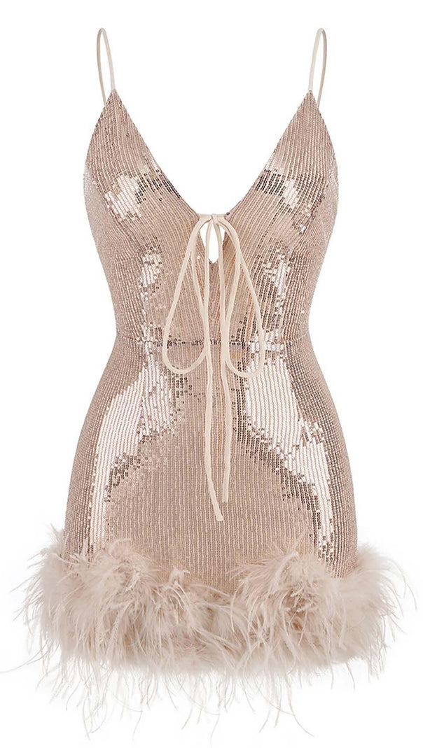 AIIZIE FEATHER PLUNGE MINI DRESS IN CREAMY BEIGE - product image