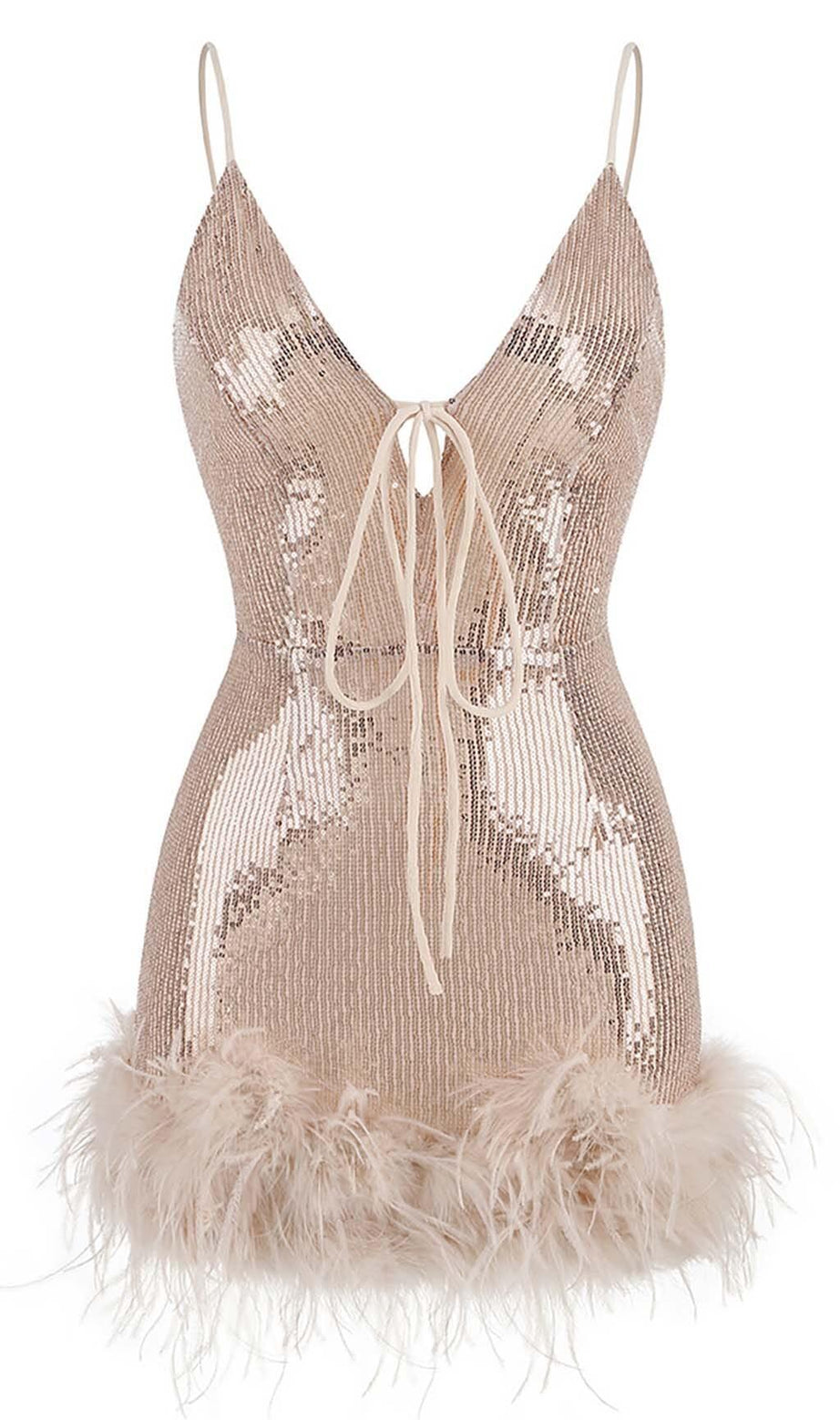 MINIKLEID MIT FEDER-PLUNGE-AUSSCHNITT IN CREMEBEIGE