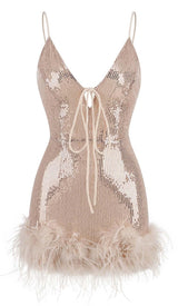 FEATHER PLUNGE MINI DRESS IN CREAMY BEIGE