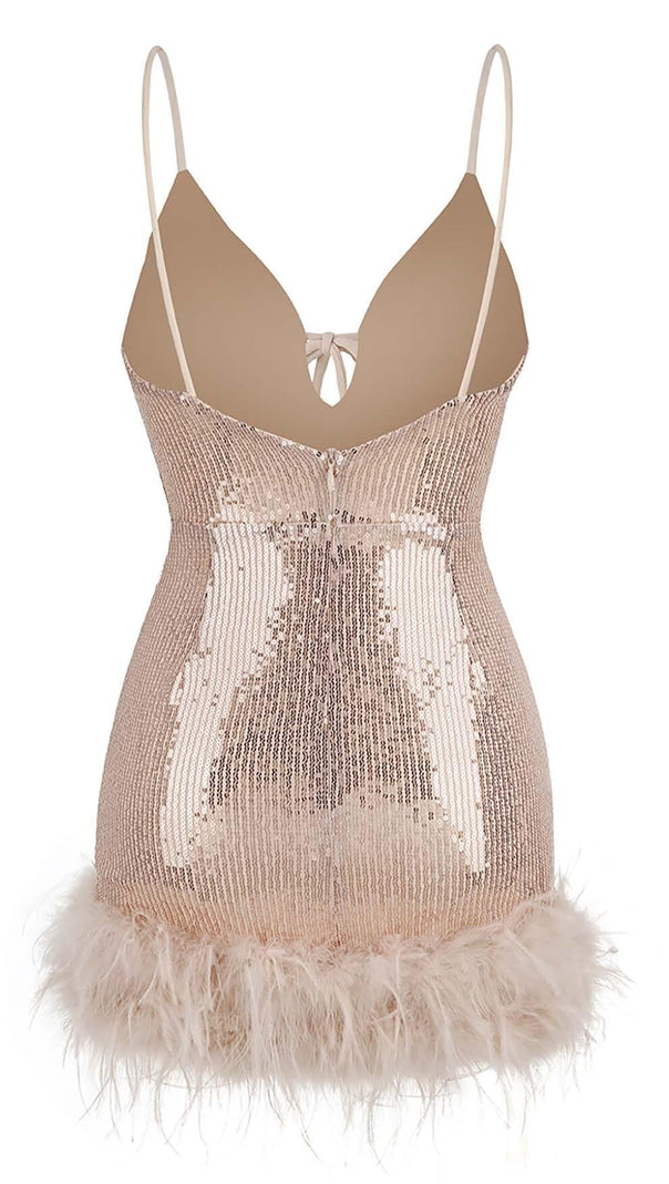 AIIZIE FEATHER PLUNGE MINI DRESS IN CREAMY BEIGE - product image