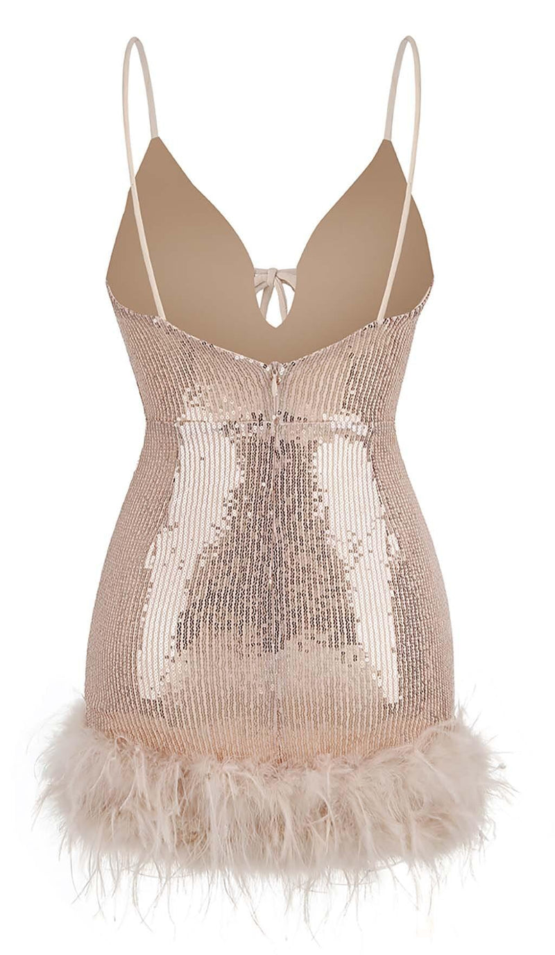 FEATHER PLUNGE MINI DRESS IN CREAMY BEIGE