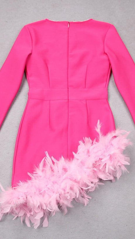 FEATHER PLUNGE MINI DRESS IN RED