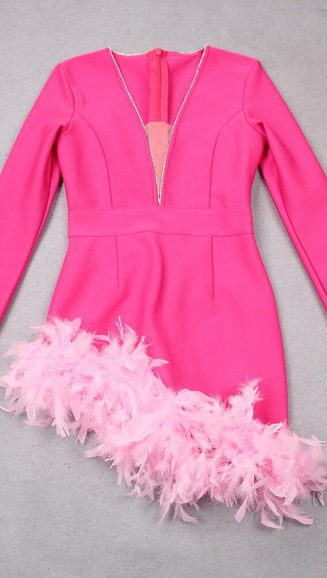 FEATHER PLUNGE MINI DRESS IN RED