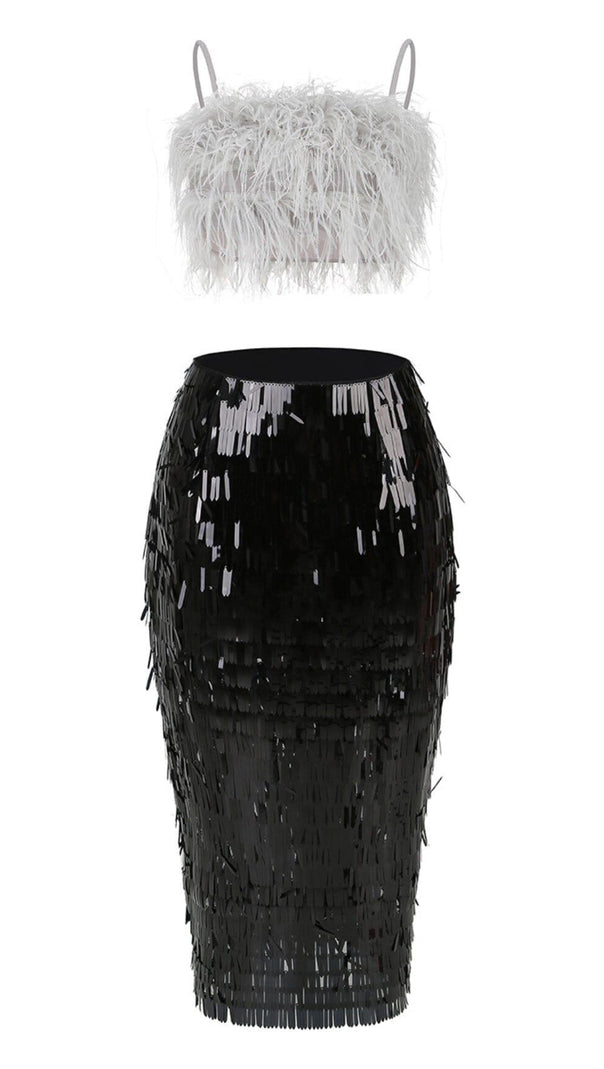 AIIZIE FEATHER TOP SEQUIN MIDI DRESS IN BLACK - product image