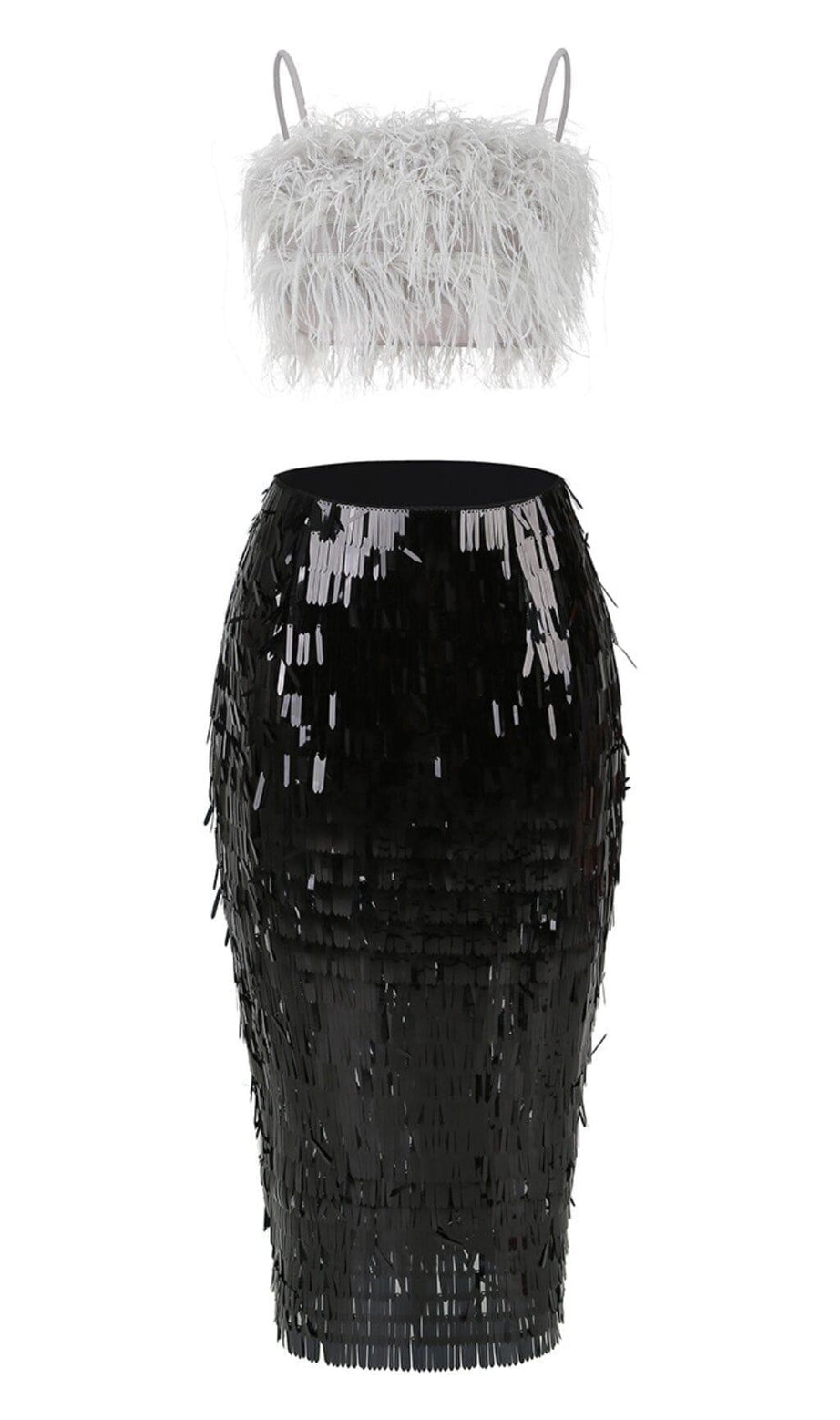 MIDIKLEID MIT PAILLETTEN UND FEATHER TOP IN SCHWARZ