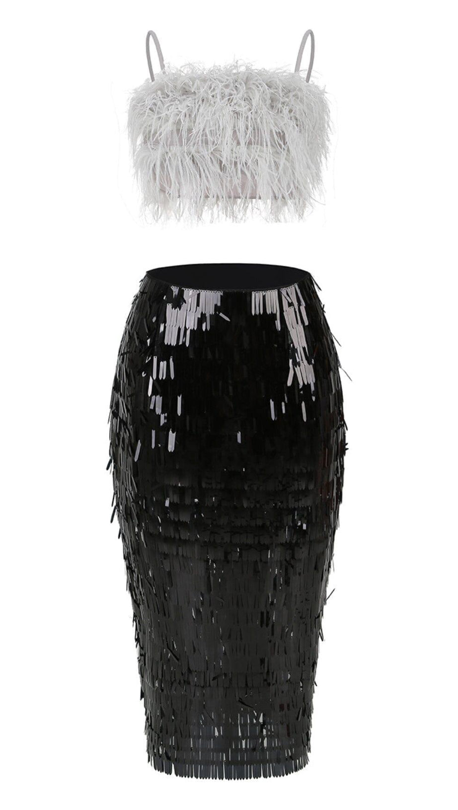 FEATHER TOP SEQUIN MIDI DRESS IN BLACK