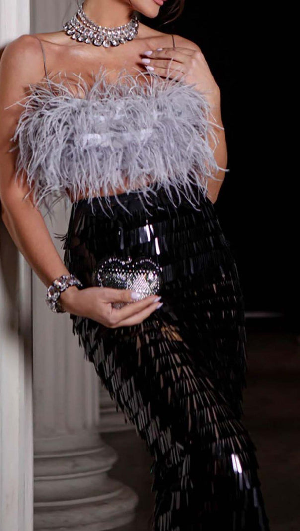 AIIZIE FEATHER TOP SEQUIN MIDI DRESS IN BLACK - product image