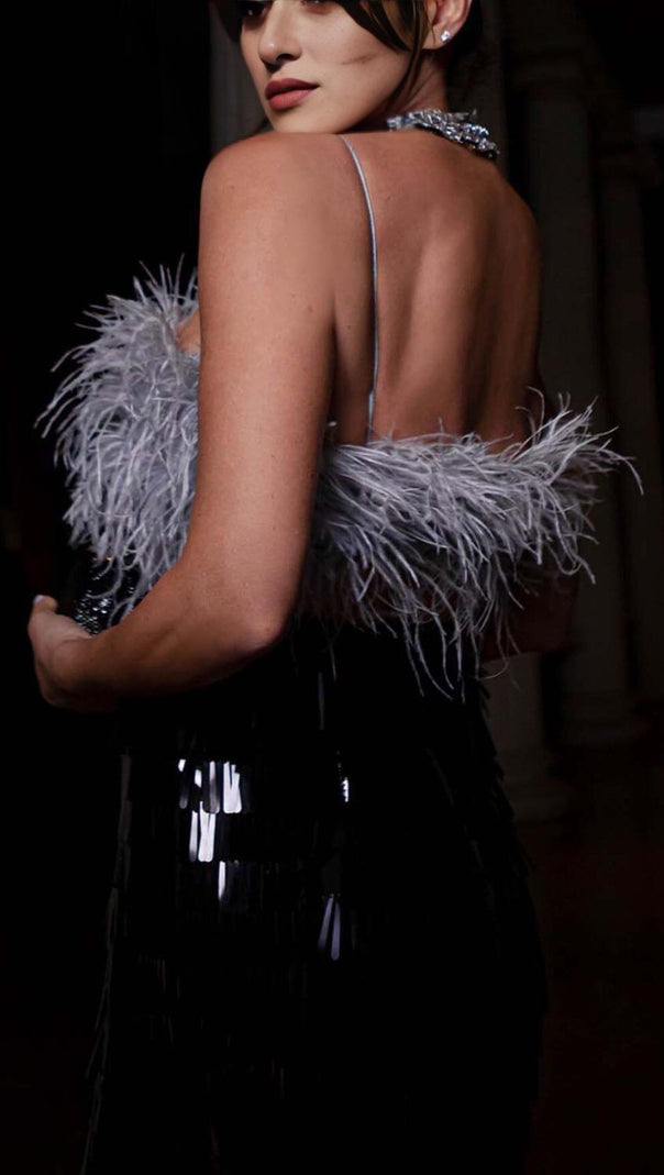AIIZIE FEATHER TOP SEQUIN MIDI DRESS IN BLACK - product image