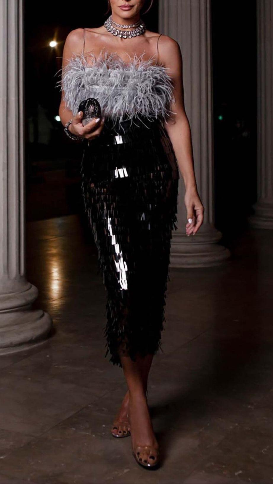 FEATHER TOP SEQUIN MIDI DRESS IN BLACK