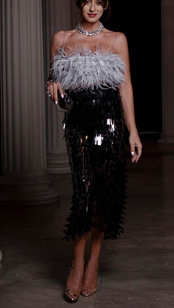 AIIZIE FEATHER TOP SEQUIN MIDI DRESS IN BLACK - product image