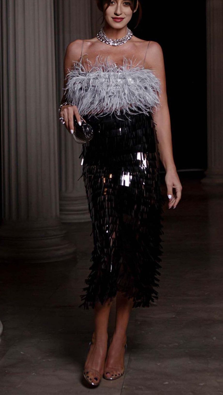 FEATHER TOP SEQUIN MIDI DRESS IN BLACK