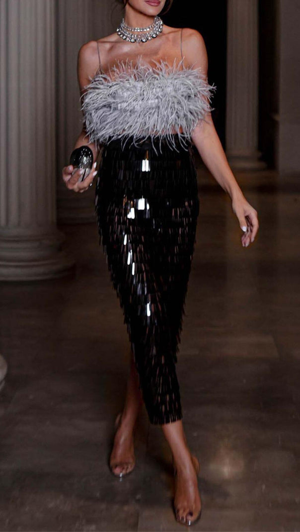 AIIZIE FEATHER TOP SEQUIN MIDI DRESS IN BLACK - product image